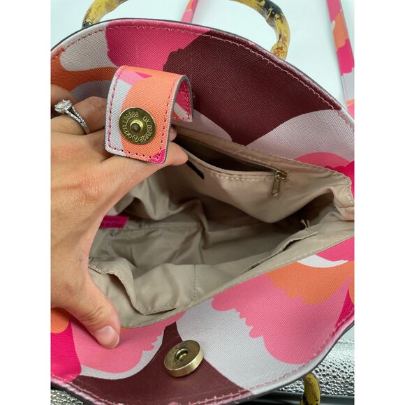 Trina Turk Rainbow Petals Floral Straw Satchel Crossbody Bag Bamboo Handles - Picture 9 of 9